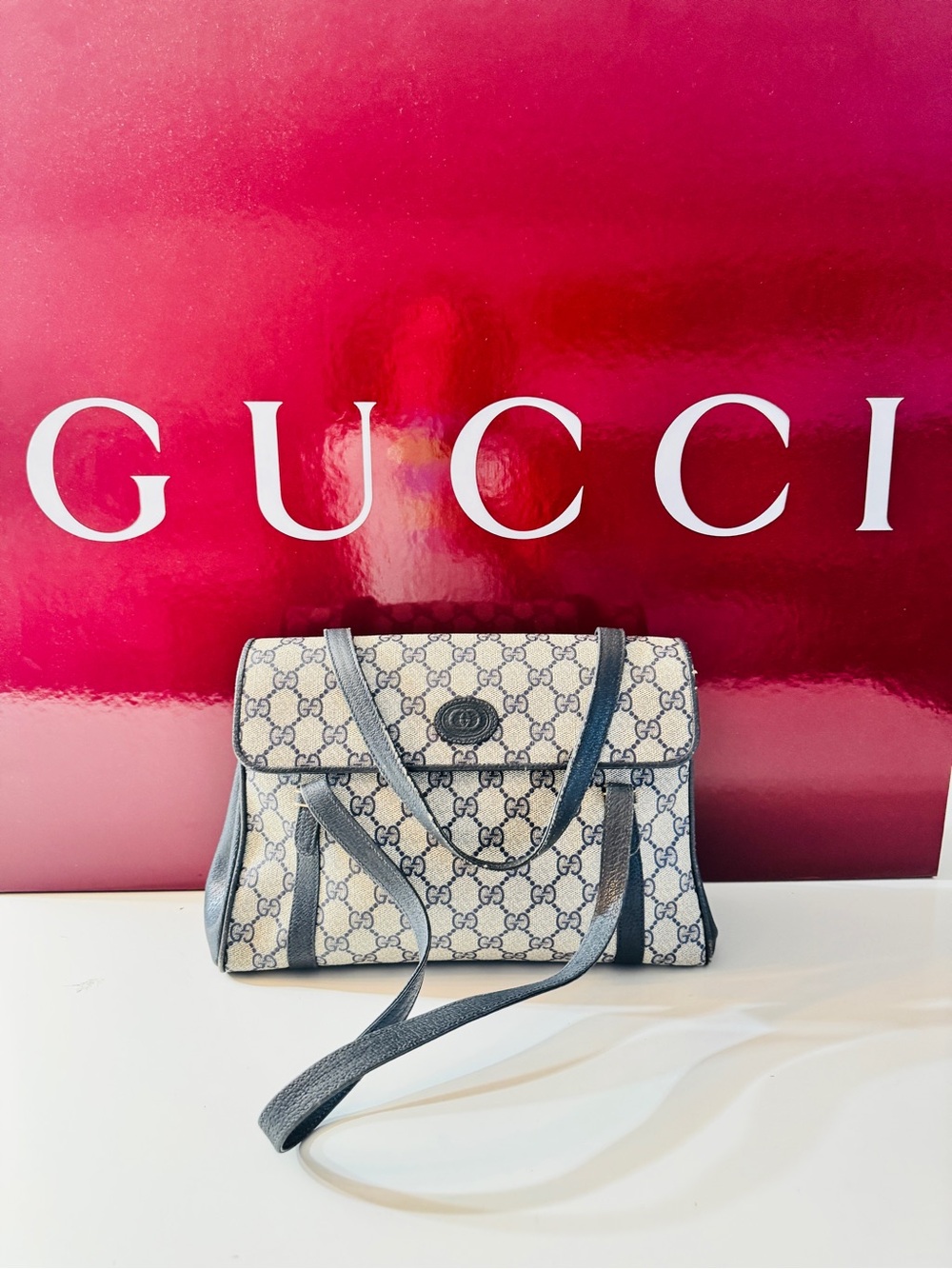 Gucci Beige GG Supreme Canvas Satchel with Blue Trim
